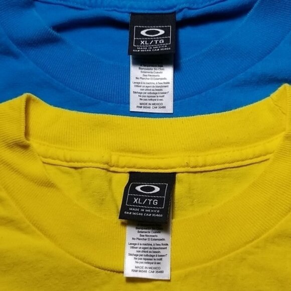 Pair of Oakley Men's T-Shirts Size XL Graphic Spellouts Yellow/Blue - Picture 5 of 5